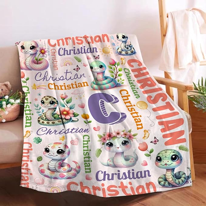 Personalized Custom Snake Blanket Gifts for Kids Boys Girls with Name - Customized Snake Super Soft Lightweight Flannel Sheets Decor for Crib Nap Couch - 60"x80" for Adult