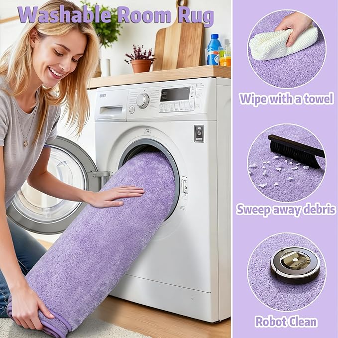Chicrug 2x6 Minimalist Washable Runner Rugs for Bedroom Hallway, Modern Soft Memory Foam Rug for Kids Nursery, Low Plie Indoor Runner Entryway Carpet for Dorm Kitchen Bedside Room Decor, Purple