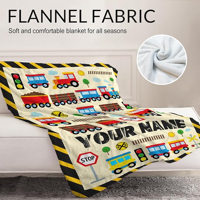 Personalized Train Throw for Adults - 60" x 80" Inches Cute Train Blanket Gift for Boys - Yellow Soft Cozy Throw Blanket for Bed, Couch, Travel