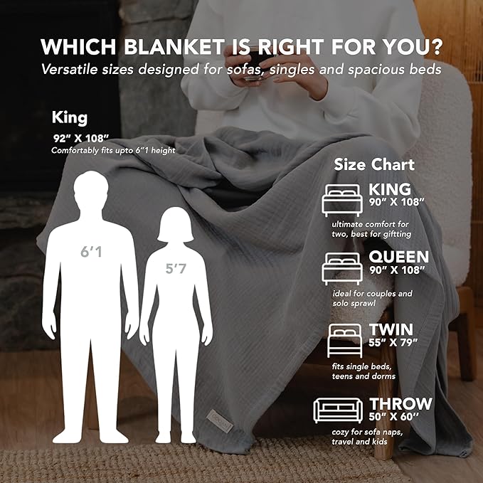 Goqan Muslin Blanket King Size 90x108 – 100% Cotton 4 Layer Boho Muslin Blanket for Adults, Lightweight, Soft, Breathable for Bed, Couch - Light Grey