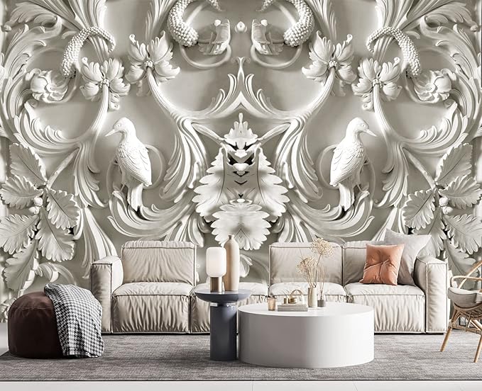 White Gypsum Art Wall Mural Wallpaper for Bedroom 137" x 100"