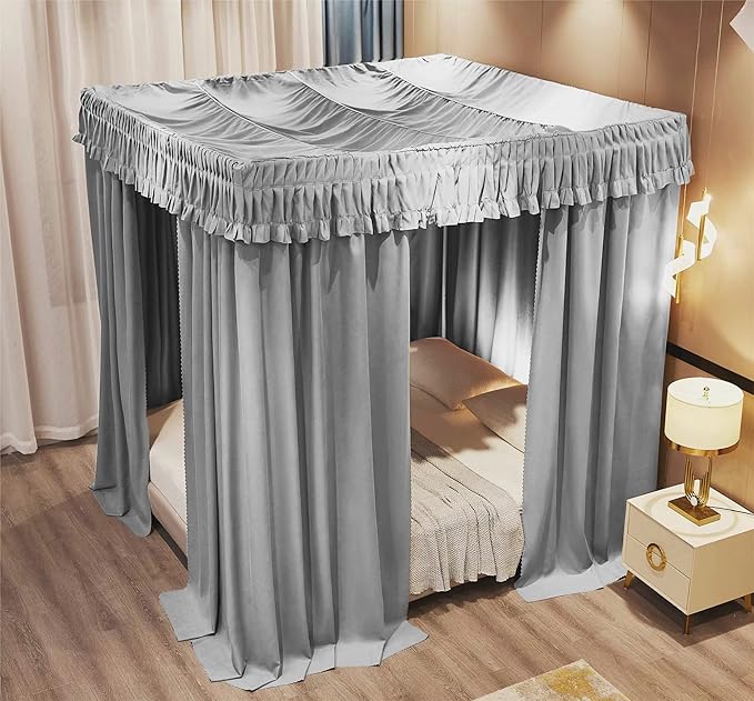 VETHIN Elastic Roof Style Four Corner Post Princess Bed Canopy Curtains Cozy Breathable Tent Canopy Mosquito Net for Girls & Adults Bedroom Decoration (Grey, 59-64" W*82" L*82"*H/(Queen))