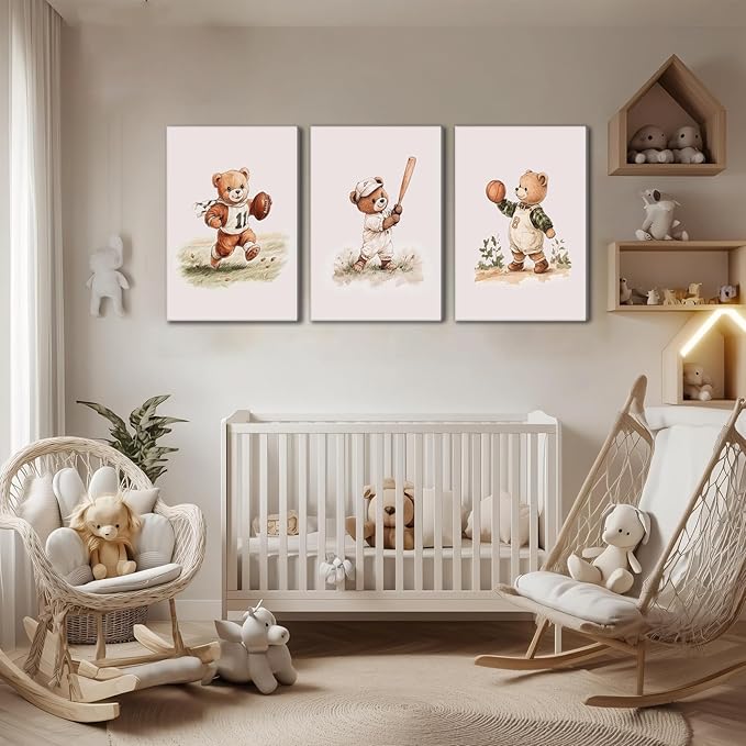 3Pcs Nursery Bear Canvas Wall Art Nursery Animal Poster Prints Teddy Bear Painting Boy Sports Picture Football Basketball Kids Room Artwork Wall Decor for Children Bedroom Playroom 16x24in Framed