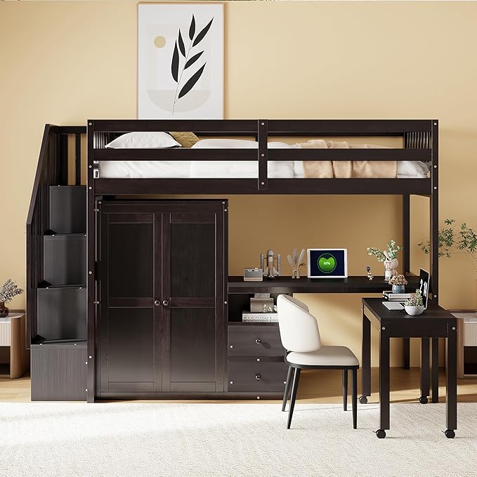 Merax Kids Twin Multifunction Loft Bed with Desk/Wardrobe, Wood Storage Loft Bed with Staircase, Bookshelf & Drawers, No Box Spring Needed, Space Saving, Espresso