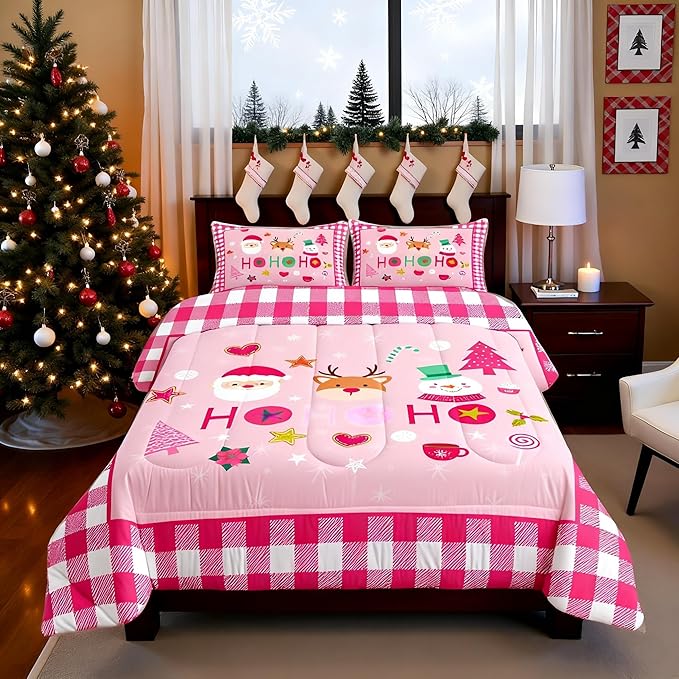 Merry Christmas Kids Comforter Set King Size,Cartoon Santa Claus Snowman Deer Bedding Set,Boys Girls Adults Room Decor,Geometric Grids Fashion Down Comforter,Pink Xmas Duvet Insert,2 Pillowcases