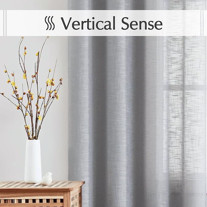 FMFUNCTEX Linen Semi Sheer Curtains for Bedroom, Grey Curtains 45 Inches Long for Living Room, Country Farmhouse Sheer Short Drapes, Light Filtering Window Curtain, Grommet Top 2 Panels