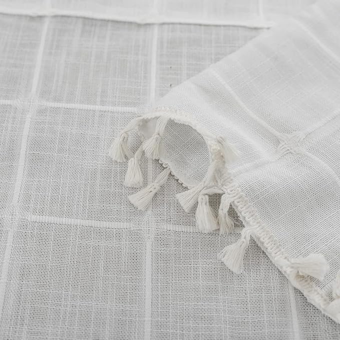 Deeprove White Boho Curtains for Bedroom 84 Inches Long, Cream Checkered Bohemian Chic Textured Embroidery Plaids, Vintage Handmade Tassels Country Decor Drapery, Rod Pocket, 1 Panel W52 x L84