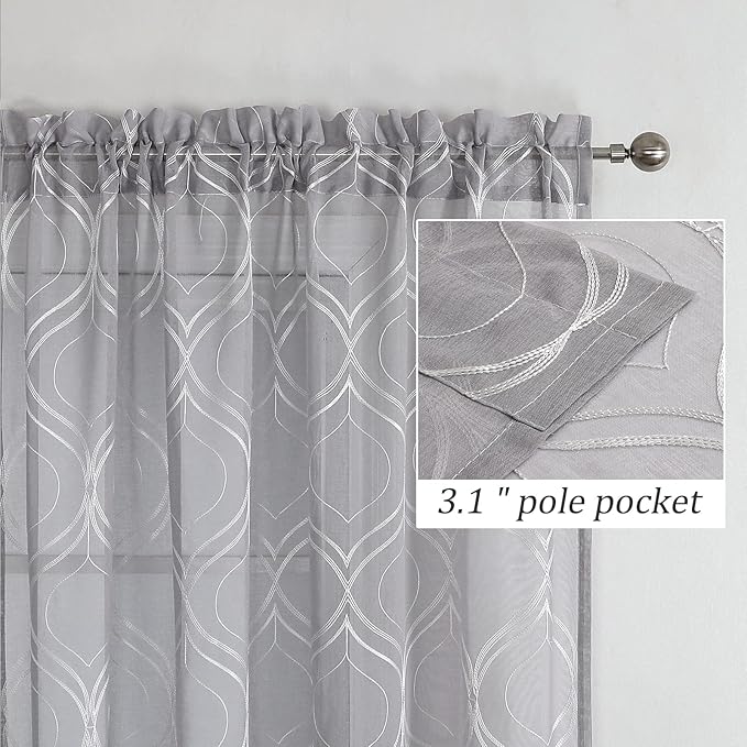 VISIONTEX Sheer Curtains 72 Inches Long 2 Panels Set Light Grey Moroccan Embroidered Curtains Trellis French Textured Rod Pocket Voile Tulle Semi Window Drapes for Bedroom Living Room 54 x 72 Inches