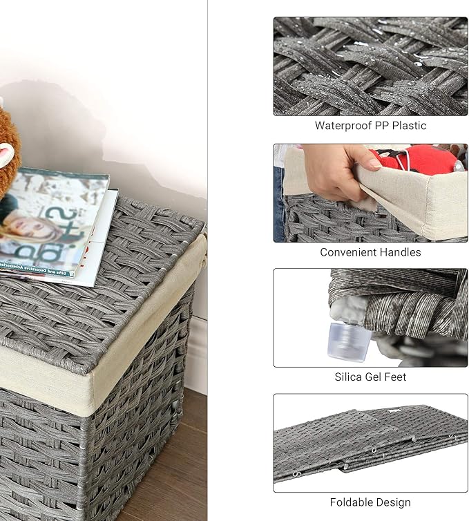SONGMICS Storage Basket with Lid, 17.2 Gallon (65L) Storage Bin, Woven Blanket Storage Basket with Handles, Foldable, Removable Liner, Metal Frame, for Bedroom, Laundry Room, Gray URST56WG