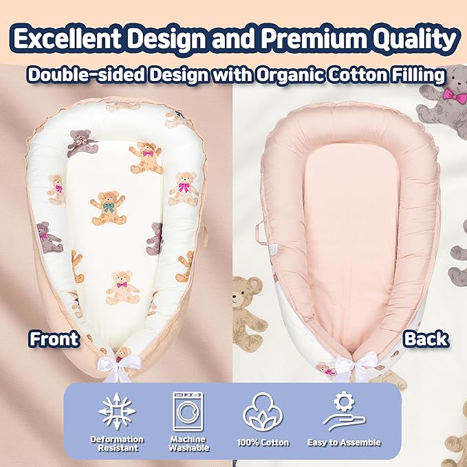Baby Lounger for Newborn 0–24 Months, Baby Pillow & Baby Nest Lounger, Organic Cotton Breathable Infant Pillow, Portable Baby Nest for Home & Travel (Ivory)
