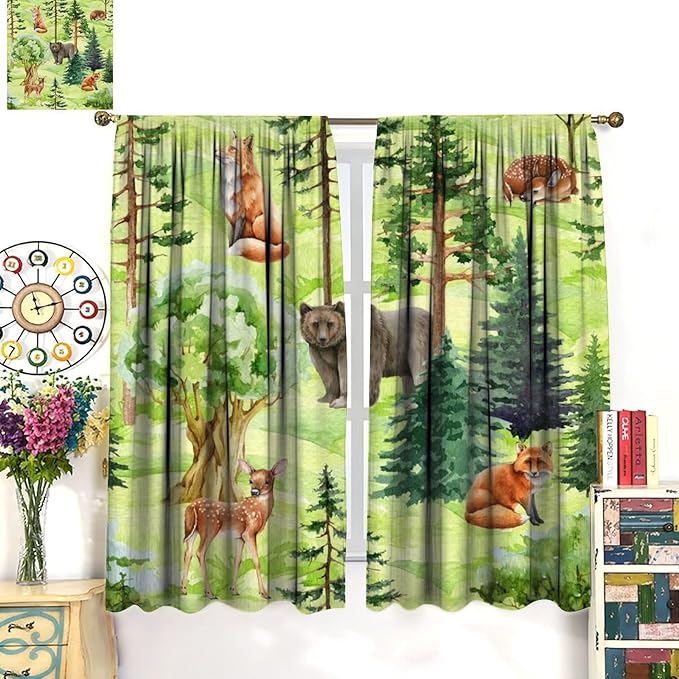 Woodland Animal Curtains, Watercolor Jungle Animals Fox Bear Pattern Blackout Window Treatments, Rod Pocket Thermal Insulated Drapes 2 Panel Sets for Kids Bedroom Nursery Classroom, 63" W X 72" L