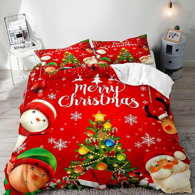 LUVIVIHOME 3PCS Christmas Duvet Cover Full Bedding Set, Kids Bedding, Santa Claus Snowman Reindeer Elf Snowflake Christmas Tree Holiday New Year Xmas Red Christmas Comforter Quilt Cover 2 Pillow Shams