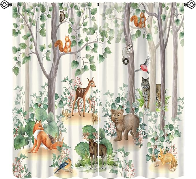 Woodland Animal Curtains, Cartoon Wild Rustic Forest Animals Pattern Blackout Window Treatments, Rod Pocket Thermal Insulated Drapes 2 Panel Sets for Kids Bedroom Nursery Classroom, 84" W X 84" L