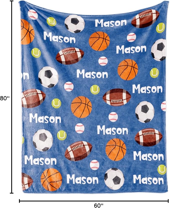 Personalized Ball Blanket with NameforBoysCustom Name BlanketforKids BallSoft Flannel Ball Toddler Blanket CustomizedGiftforBirthday Christmas Baby Shower Newborn Gift 60in X 80in 6-balls-blue