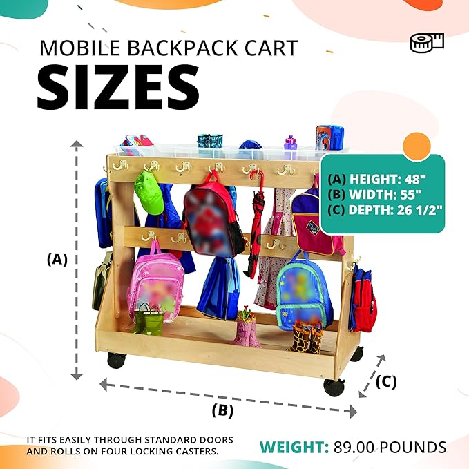 evamarie Rolling Backpack cart and Classroom Cubbies for Daycare - Kids Cubbies Storage with Coat Hooks and Wheels - Wooden Toy Organizers and Storage