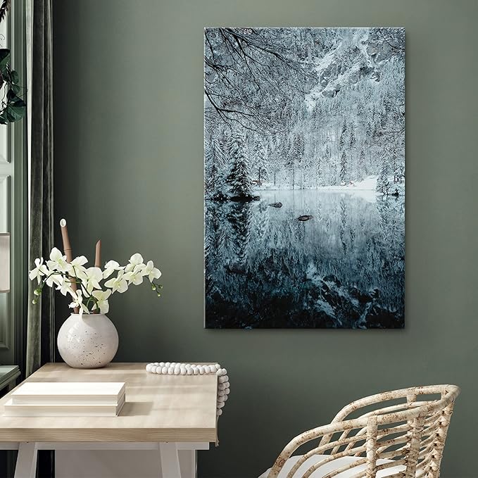 SIGNWIN Canvas Wall Art Woodland Nursery Decor Magical Winter Reflection Lake Nature Forest Photography Realism Rustic Scenic Dramatic Multicolor Cool for Living Room - 32"x48" inches