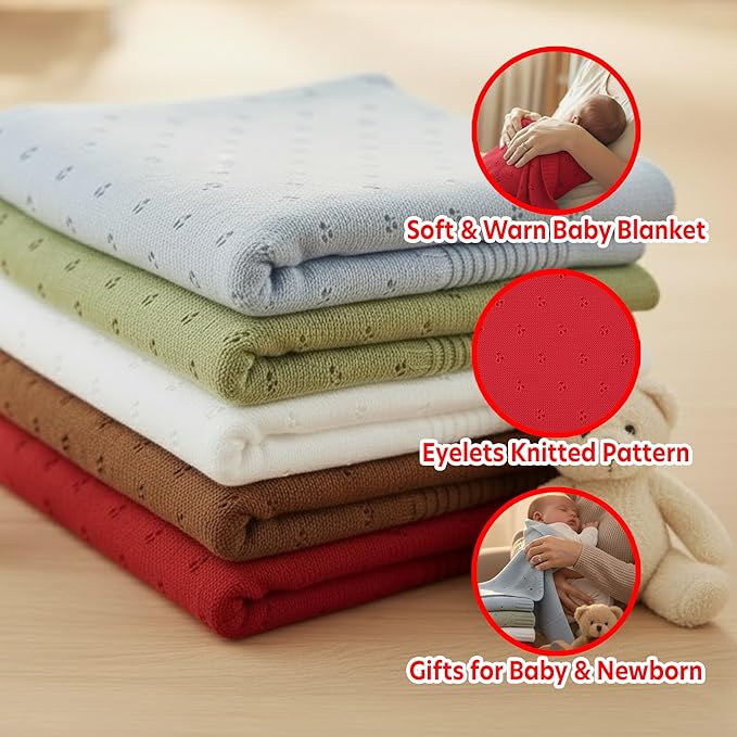 Baby Knit Blanket, 100% Cotton Eyelet Patterns, Soft, Cozy, Lightweight Swaddle for Newborn & Infant Swaddling Beige Neutral, Perfect Baby Shower Ideas Red 30x30