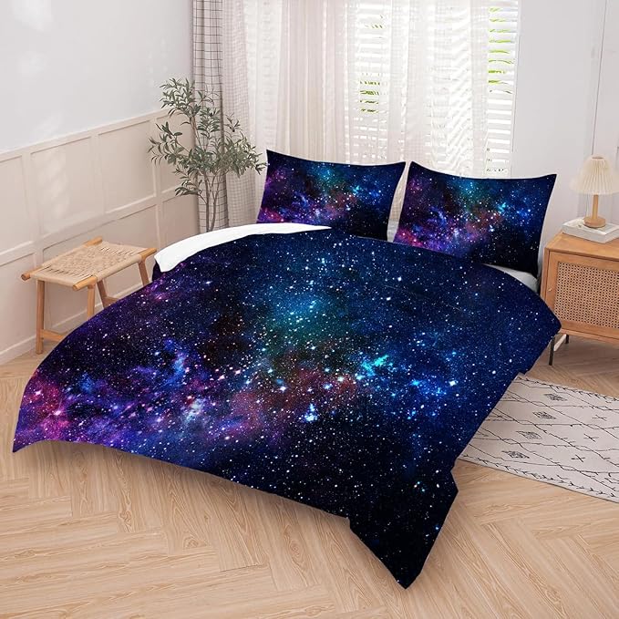 kxry Blue Purple 3D Galaxy Comforter Set Full Size Outer Space Starry Sky Universe Bedding Sets for Girls Teens Kids 1 Comforter + 2 Pillow Cases