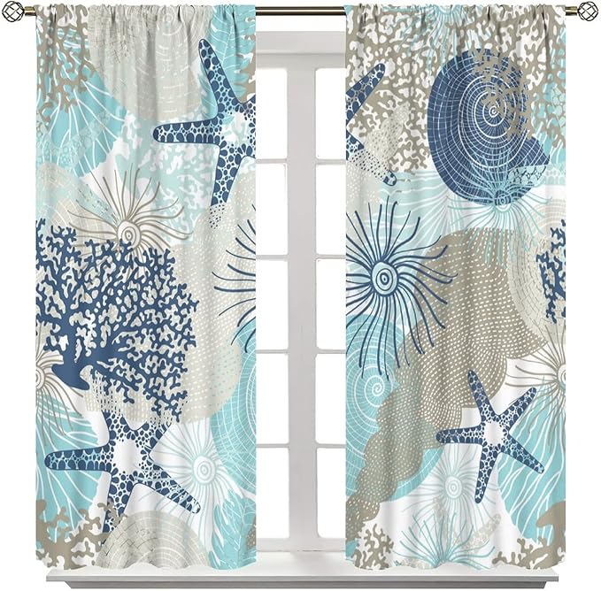 Coastal Curtains Ocean Beach Themed Room Darkening Window Curtain Nautical Coral Blackout Curtain for Bedroom Living Room Bathroom Nursery Set 2 Panels,55x63 Inches