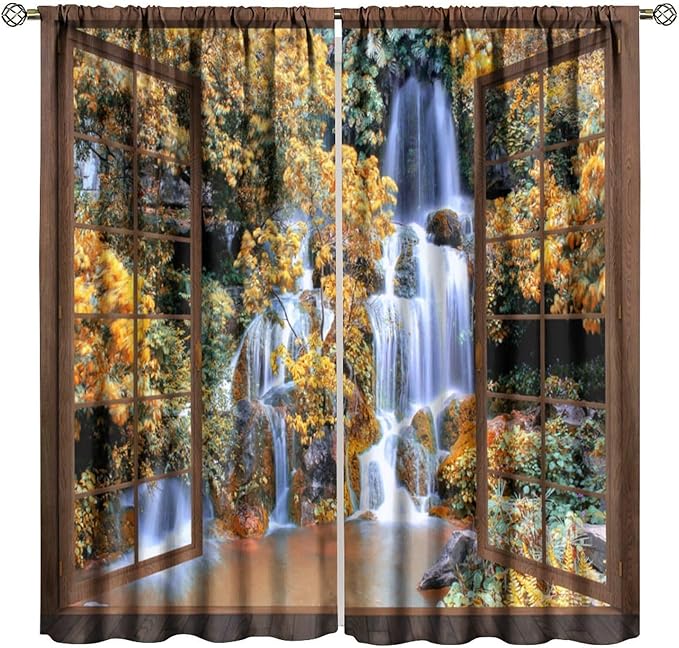 Waterfall Blackout Curtains, Waterfall Forest Landscape Wooden Window Print Pattern Window Drapes, for Bedroom Living Room 63" W X 63" L