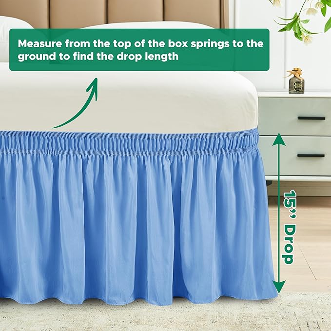 Biscaynebay Wrap Around Bed Skirts for Full & Full XL Beds 15" Drop, Denim Blue Elastic Dust Ruffles with Adjustable Belts Silky Luxrious Fabric Machine Washable
