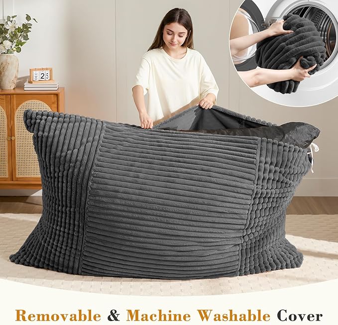 3-in-1 Giant Bean Bag Chair for Adults & Kid, Convertible Floor Sofa to Mattress, High-Density Foam Bean Bag Bed with Washable Cover, Multi Functional Lounge Couch for Bedroom, Living Room (Dark Grey)