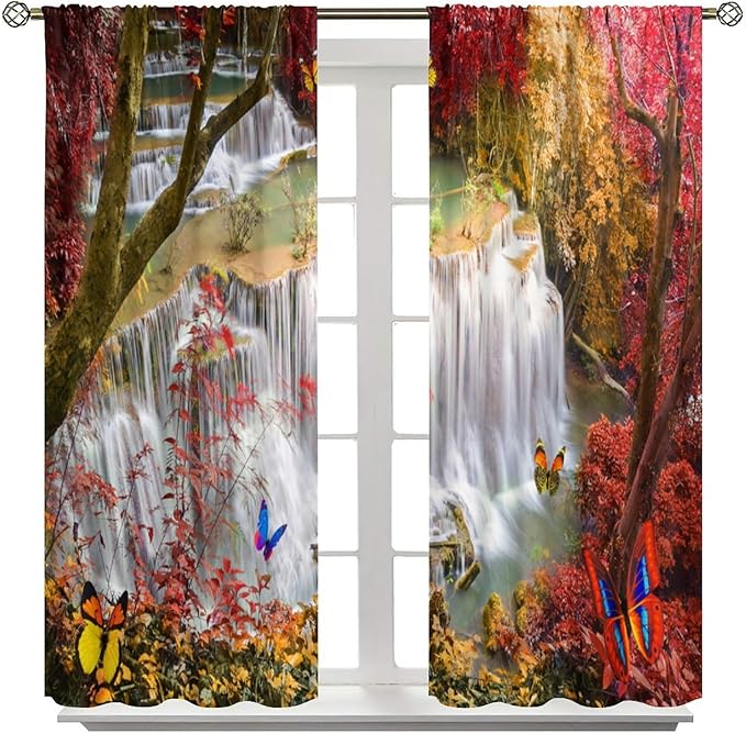 Landscape Blackout Curtains, Nature Forest Waterfall Butterfly Scenery Pattern Rod Pocket Window Drapes, for Bedroom Living Room 52" W X 84" L