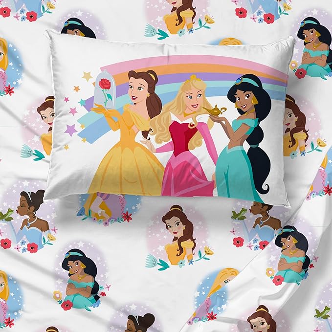 Sunny Side Up Disney Princess Full Sheet Set - 4 Piece Kids Bedding Set Includes Pillow Cover - Super Soft Rainbow Microfiber Sheets Moana, Belle & Rapunzel