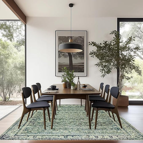 6x9 Area Rugs Washable Rugs for Bedroom,Faux Wool Moody Floral Boho Vintage Oriental Indoor Carpet for Living Room,Hunter Forest Green