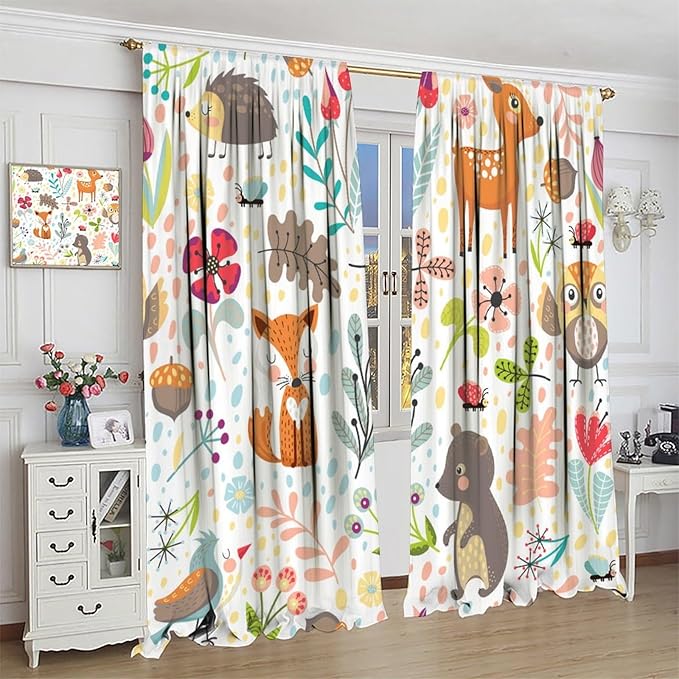 Jungle Animals Curtains, Cute Cartoon Animals Branches Blackout Window Treatments, Rod Pocket Thermal Insulated Drapes 2 Panel Sets for Kids Bedroom Nursery Classroom, 63" W X 72" L