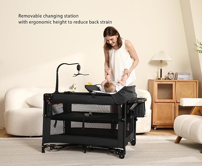 Pack and Play, 5 in 1 Baby Playard – Portable Crib, Bassinet, Bedside Sleeper, Changing Table & Playpen | Breathable Mesh | Safe & Foldable for Newborns to Toddlers (Black)