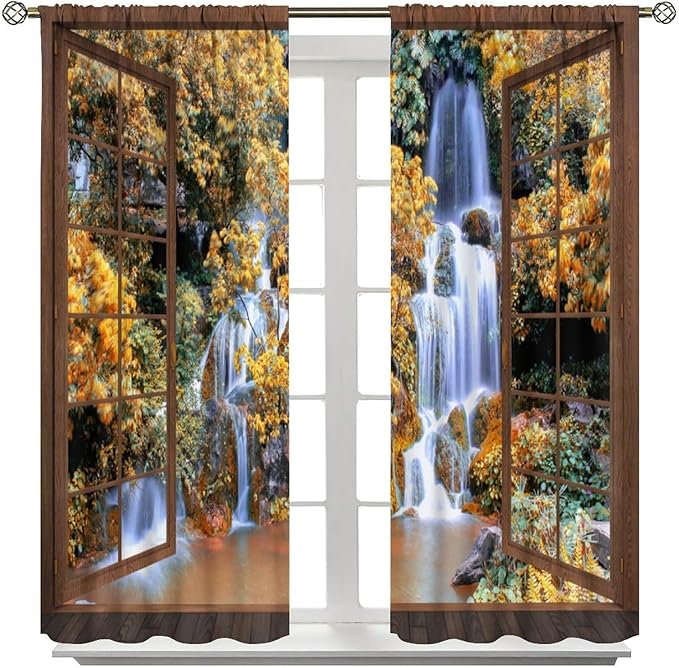Waterfall Blackout Curtains, Waterfall Forest Landscape Wooden Window Print Pattern Window Drapes, for Bedroom Living Room 63" W X 63" L