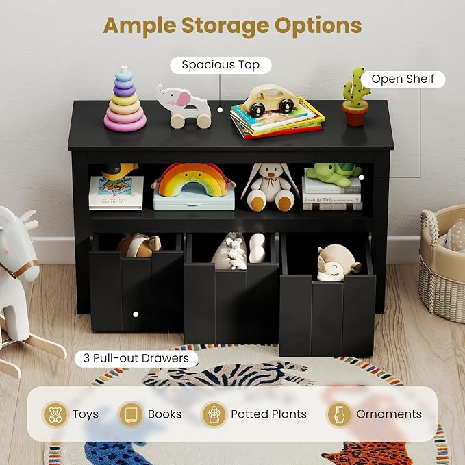 Costzon Toy Storage Cabinet, Toy Chest w/ 3 Removable Drawers, Wheels & Spacious Tabletop, Toddler Storage Organizer for Kids Room, Playroom & Nursery (Black, 13" D x 40" W x 24.5" H (3 Drawers))