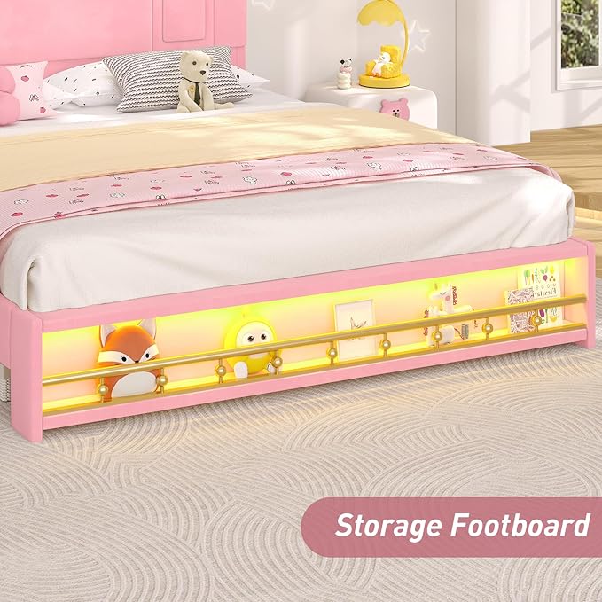 Queen Bed Frame with Storage Headboard, Platform Bed Frame Queen Size with Charging Station&LED Lights,Velvet Princess Bed for Girls/Kids, No Box Spring Needed/Noise-Free/Easy Assembly,Pink