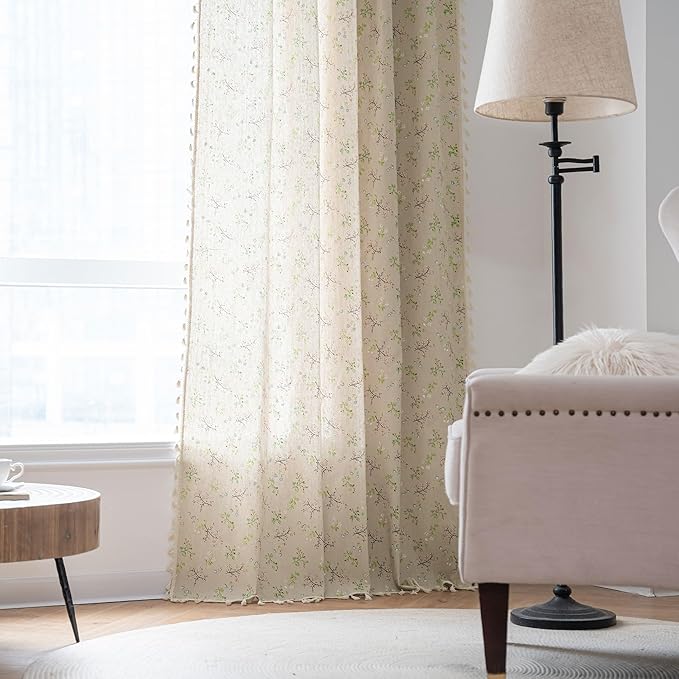 ENJOYBRIDAL Floral Farmhouse Curtains 96 Inches Long Semi-Blackout Living Room Drapes Cotton Linen Blend Bohemian Window Curtain Panels with Tassel Beige Rod Pocket Bedroom Drapes, 2 Panel