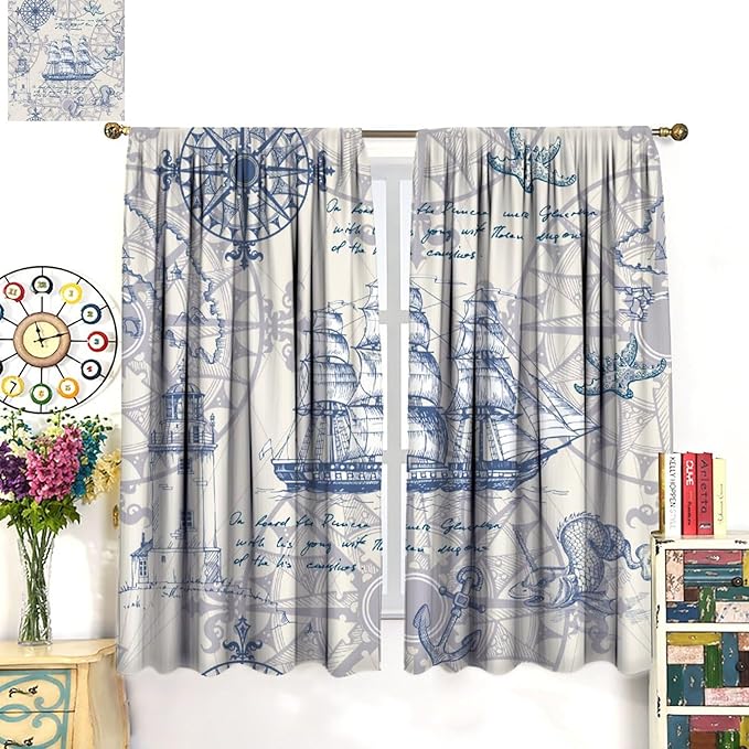 Nautical Sailboat Map Curtain,Ship Compass Lighthouse Anchor Decorative Curtain Polyester Fabric Waterproof Bedroom Curtain Set 2 Panels,42x54 Inches