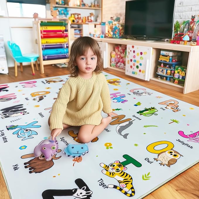 Kids Rugs for Playroom, 7x9 Feet Educational Rug for Learn The ABC Alphabet, Soft Machine Washable Non-Slip Cute Cartoon Animals Carpet for Classroom Toddler Nursery Kids Room Decor, Blue