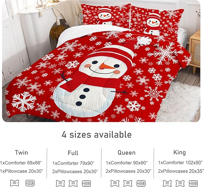 Comforter Set Christmas Snowman: Twin Size Kids Xmas Bedding Sets Red Snowflakes Quilt for Teens Girls Boys Christmas Decor Winter Snow Bed Set 1 Comforter & 1 Pillowcase
