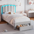 Twin Upholstered LED Bed Frame with Storage Drawer and Adjustable Chic Double Wavy Headboard, Velvet Princess Platform Bed for Girls/Kids, Solid Wood Slats Support, No Box Spring Needed, Grey