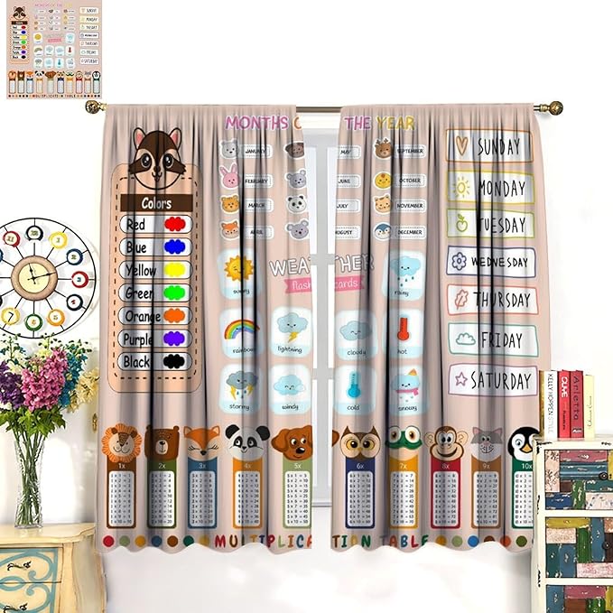 Funny Kids Educational Alphabet Curtain Cartoon Colorful Weather Multiplication Table Printed Rod Pocket Blackout Window Treatments for Bedroom Living Room 72" W X 63" L