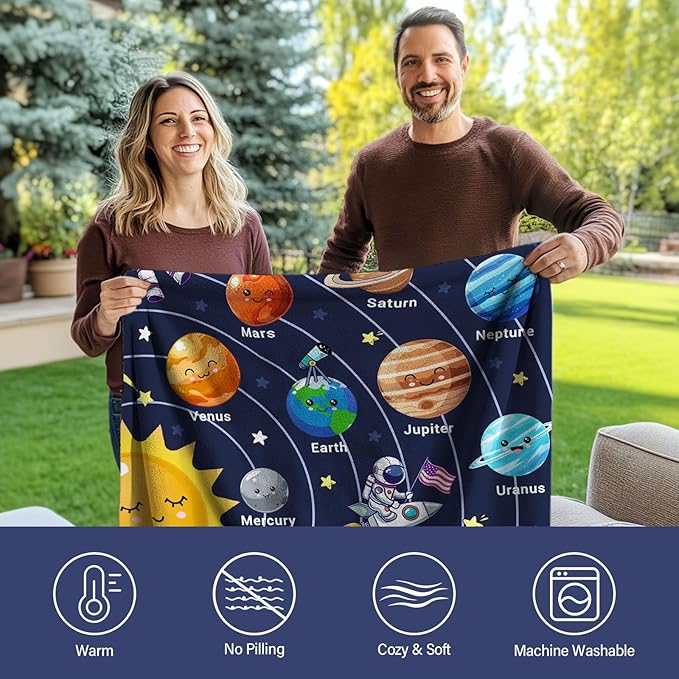 Just A Boy Who Loves Planet Solar System Space Blanket Gifts for Planets Lovers, Cute Planets Blanket Gifts for Christmas, Planet Birthday Gifts for Boys Son Men on Sofa Couch Bed 50"x 60"