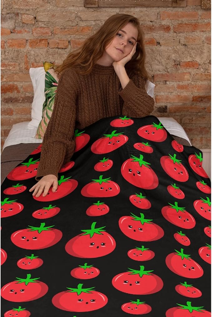 Thuswarm Cute Tomato Kawaii Black Flannel Throw Blanket Warm Cozy Soft Funny Print Blankets for Bed Couch Sofa Room Decoration Gifts 50”×40” Small for Kid