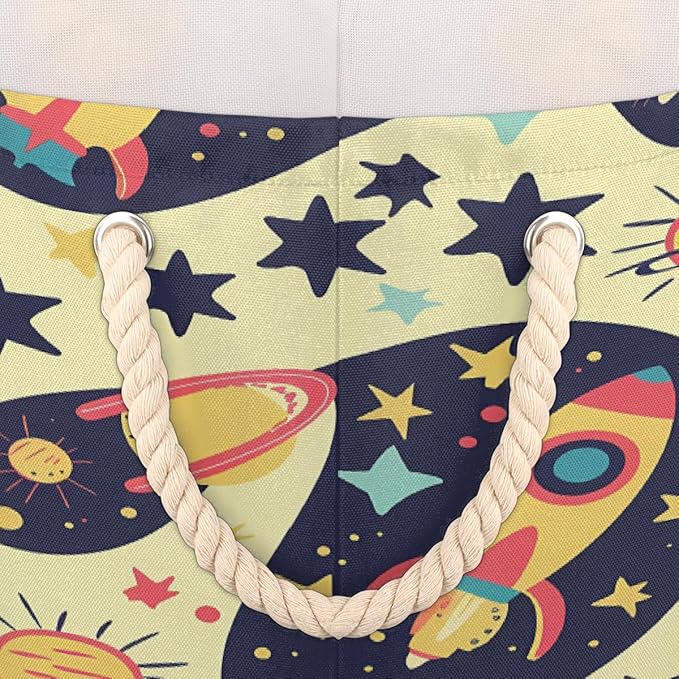 Colorful Space Pattern Round Storage Basket for Laundry & Toys, Lightweight Fabric Laundry Hamper with Handles, Foldable Large Organizer Bin for Bedroom Bathroom Nursery Dorm