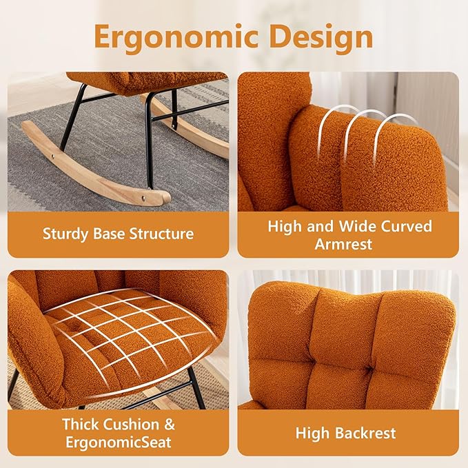 NIOIIKIT Nursery Rocking Chair Teddy Upholstered Glider Rocker Rocking Accent Chair Padded Seat with High Backrest Armchair Comfy Side Chair for Living Room Bedroom Offices (Orange)