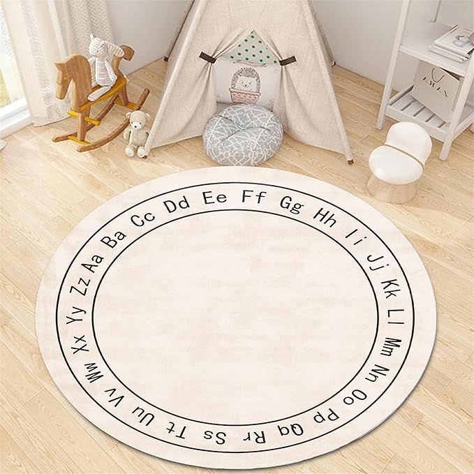 Children's Room Round Rug,3ft,Children's ABC Letter Educational Learning Round Rug, Non-Slip Washable Children's Room Play Rug, Suitable for Bedroom, Playroom, Boys and Girls Room Decoration
