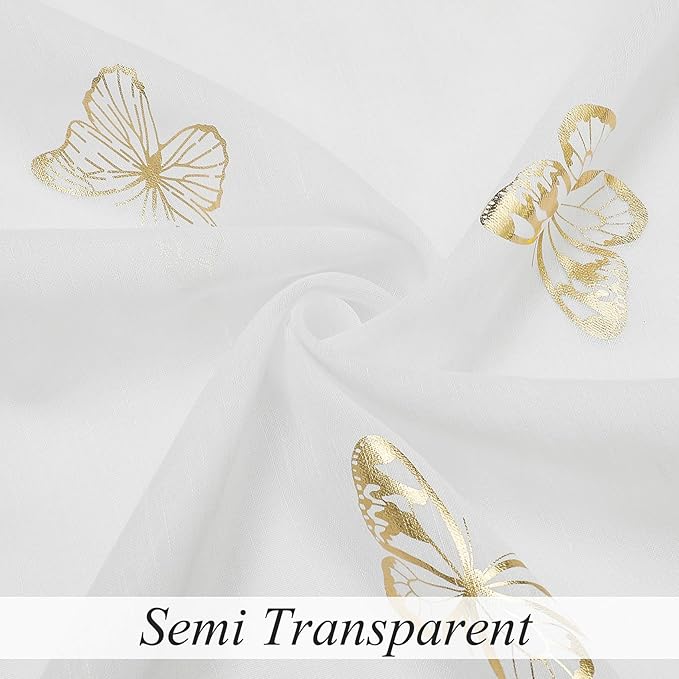 Jubilantex Butterfly White Sheer Curtain Panels for Kids Nursery Girl, Gold Print Toddler Linen Textured Voile Rustic Rod Pocket Drapes 84 Inch for Farmhouse, Living Room, Bedroom, 2 Panels
