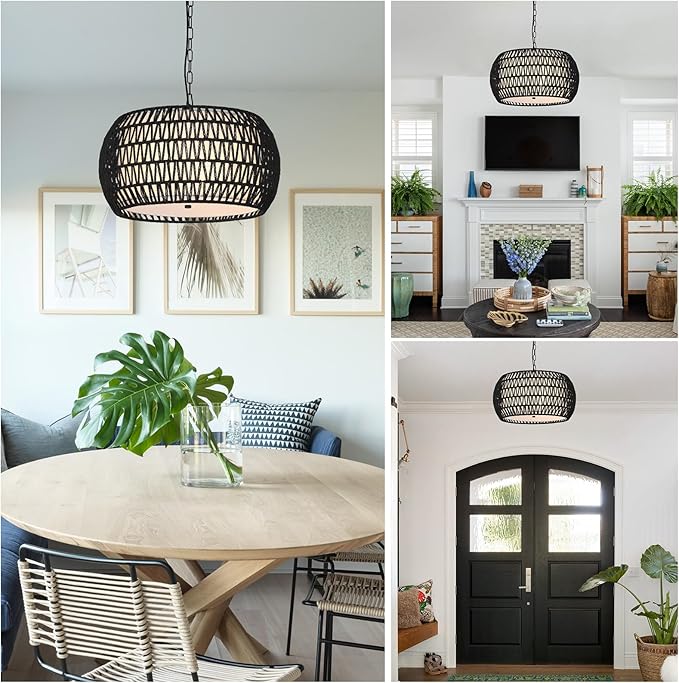 Farmhouse Chandeliers for Dining Room,5-Lights Rattan Boho Chandelier Light Fixture,Black Woven Dining Room Light Fixture with Fabric Shade,Modern Hanging Pendant Lighting for Kitchen Island Bedroom