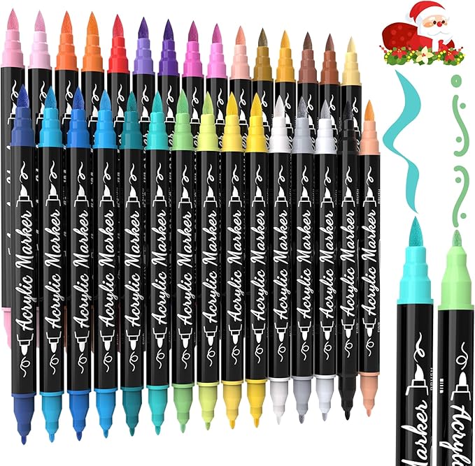 30 Colors Acrylic Paint Pens Markers Waterproof Dual Tip Acrylic Marker Set Brush & Fine Tip Stocking Stuffers Rock Wood Fabric Glass Ceramic Markers Christmas Gifts for Teens DIY Crafts