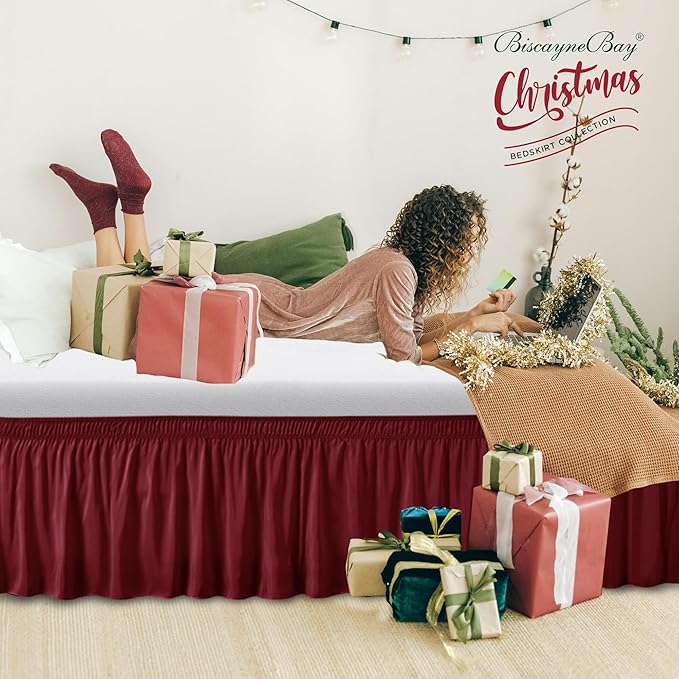 Biscaynebay Wrap Around Bed Skirts for Queen Beds 17" Long Drop, Burgundy Adjustable Elastic Dust Ruffles Easy Fit Wrinkle & Fade Resistant Silky Luxurious Fabric Solid Machine Washable