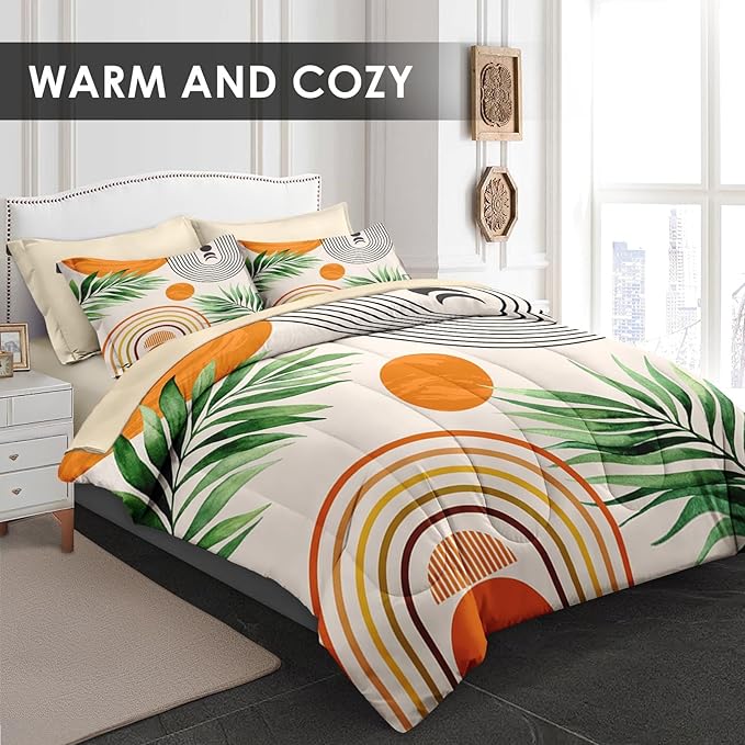 7 Pcs Full Size Comforter Set with 2 Pillowcases & 2 Shams, Contemporary Mid Century Bedding for Kids and Adults, Rainbow Sun Boho Geometric Bed in a Bag with Flat Fitted Sheet